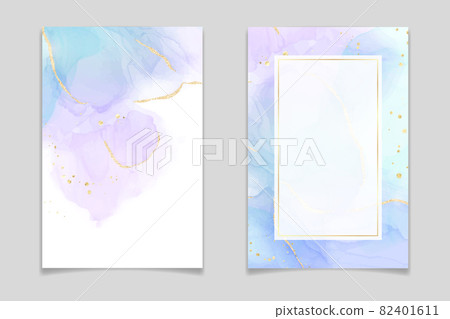 Violet and turquoise liquid watercolor background with golden glitter brushstrokes and lines. Elegant fluid marble alcohol ink drawing effect with golden stains. Vector illustration for wedding 82401611