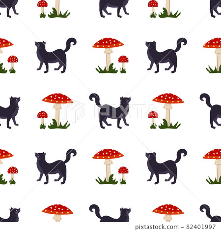 Seamless pattern with amanita mushroom with red hat and white dots, grass and black cat. Bright fly agaric and animal print 82401997