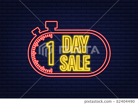 1 Day sale. Countdown timer. Clock icon. Glitch icon. Time icon. Count time sale. Neon icon. Vector stock illustration. 82404490