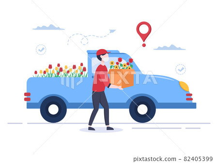 Flower Delivery Service Online Business with Courier Holding a Flowers Order Bouquet Using Trucks, Cars or Motorbikes. Background Vector Illustration Flower Delivery Service Online Business with Courier Holding a Flowers Order Bouquet Using Trucks, Cars or Motorbikes. Background Vector Illustration 82405399