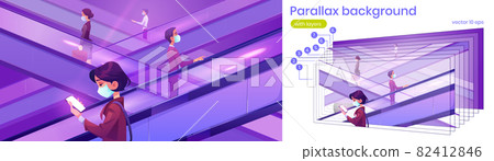 Parallax 2d background people in mask on escalator Parallax 2d background people in mask on escalator 82412846