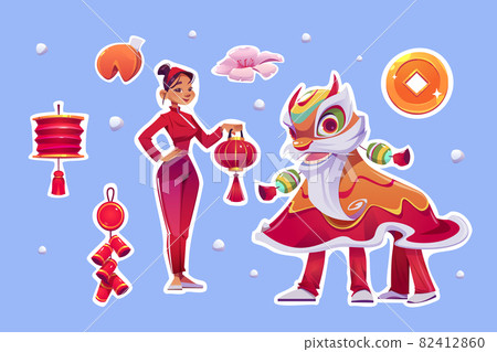 Chinese New Year stickers with Lion Dance costume Chinese New Year stickers with Lion Dance costume 82412860