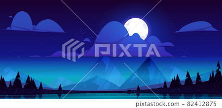 Night landscape with lake, mountains and trees - Stock Illustration ...