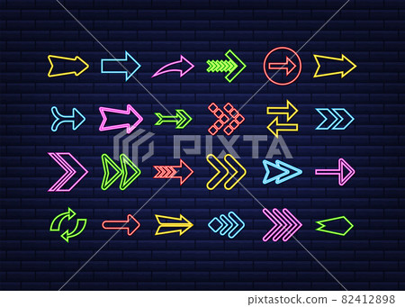 3d blue neon arrow set on dark backdrop. Vector white light. Graphic color background. Vector illustration. 82412898
