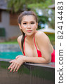 Portrait of Asian women wear swimsuits Background swimming pool 82414483