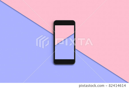 Phone with colorful screen on top view, background in pastel colors. Phone with colorful screen on top view, background in pastel colors. 82414614