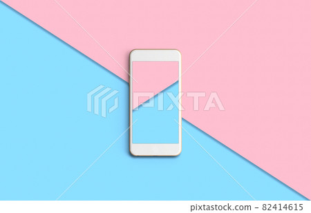 Phone with colorful screen on top view, background in pastel colors. Phone with colorful screen on top view, background in pastel colors. 82414615