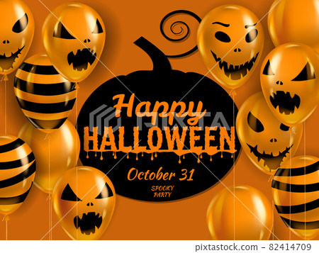 Happy Halloween banner with Balloons air realistic. Scary smiles, ghost icons black, orange colors. Halloween template background 82414709