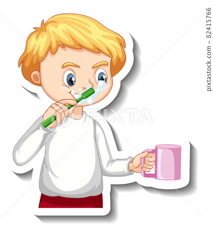 Sticker design with a boy brushing his tooth cartoon character 82415766