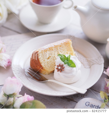 Fashionable tea time with baked confectionery chiffon cake 82415777