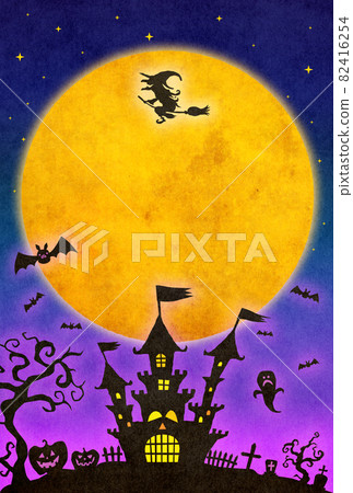 Illustration: A suspicious castle and a witch on a full moon night Illustration: A suspicious castle and a witch on a full moon night 82416254