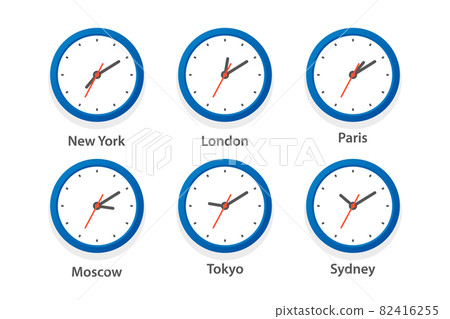 Flat Vector Wall Office Clock Icon Set. Time Zones of Different Cities, White Dial. Design Template of Wall Clock, Timezones. Closeup. Top, Front View Flat Vector Wall Office Clock Icon Set. Time Zones of Different Cities, White Dial. Design Template of Wall Clock, Timezones. Closeup. Top, Front View 82416255