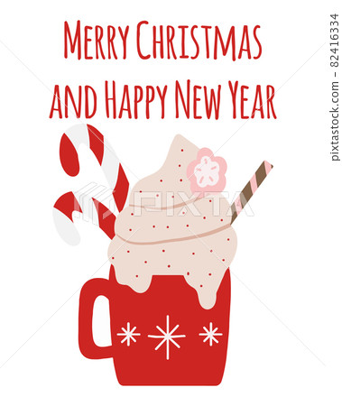 Winter festive mug with hot chocolate, cocoa or coffee. Chocolate, cocoa li coffee with cream.Christmas hot drink. 82416334