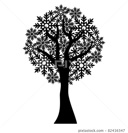 Silhouette of a tree with a round crown of snowflakes. Winter decoration for Christmas, New Years holidays. Theme of nature, plants. Black isolated object on a white background. Vector illustration. Silhouette of a tree with a round crown of snowflakes. Winter decoration for Christmas, New Years holidays. Theme of nature, plants. Black isolated object on a white background. Vector illustration. 82416347