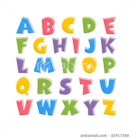 Alphabet for kids in the cartoon style. Children's font with pink, blue, yellow, green and purple letters. Vector illustration on white background. 82417260