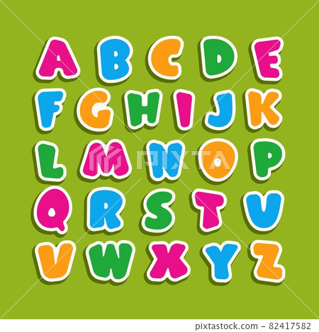 Alphabet for kids in the cartoon style. Children's font with pink, blue, yellow and green letters. Vector illustration on green background. 82417582