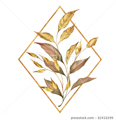 Floral illustration with gold frame and autumn leaves 82418299