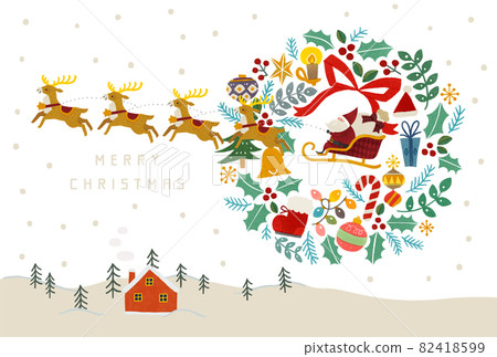 雪山、紅房子、聖誕老人、馴鹿和聖誕花環的插圖 82418599