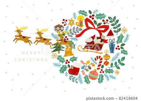 雪山、紅房子、聖誕老人、馴鹿和聖誕花環的插圖 82418604