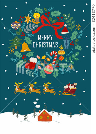 Illustration of a snow-covered mountain, a red house, Santa Claus, a reindeer, and a Christmas wreath 82418770