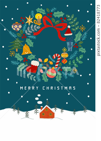 Illustration of a snow-covered mountain, a red house and a Christmas wreath 82418773