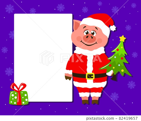 Greeting card for Christmas or New Year with a pig in Santa Claus costume. Cartoon character with white board on a violet background. Christmas tree and gift box. Vector illustration. 82419657
