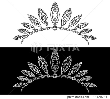 Tiara with jewels lined up like feathers Hand-drawn line drawing illustration_040 Tiara with jewels lined up like feathers Hand-drawn line drawing illustration_040 82420261