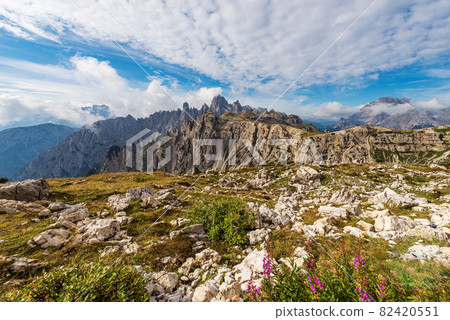 Mountain Range of Cadini di Misurina and Peak of Monte Cristallo - Dolomites Italy Mountain Range of Cadini di Misurina and Peak of Monte Cristallo - Dolomites Italy 82420551