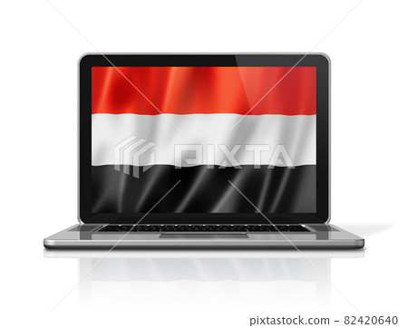 Yemen flag on laptop screen isolated on white. 3D illustration Yemen flag on laptop screen isolated on white. 3D illustration 82420640