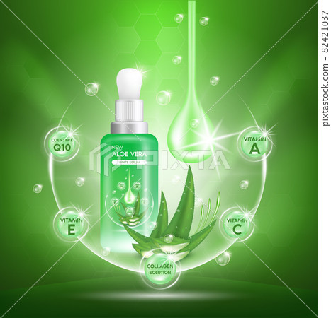 Aloe vera plant with fresh drops and dropper glass bottle.  82421037