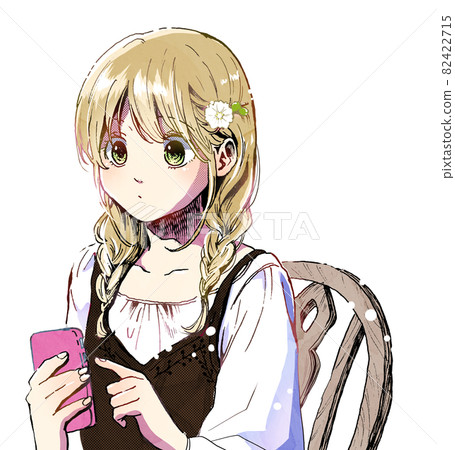 Illustration of a girl playing with a smartphone No background, hairpin version of white flowers 82422715