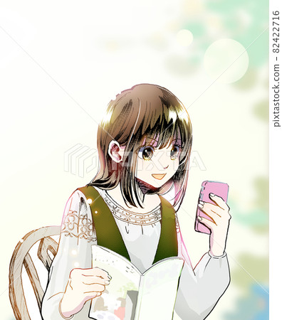 Illustration of a girl playing with a smartphone Background Yes / Magazine version / People center 82422716