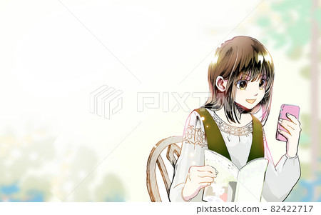 一個黑髮女孩玩智能手機的插圖 可用背景/可用剩餘空間 82422717