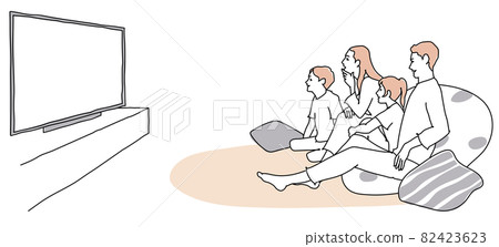 Family line drawing leaning on a large cushion and watching TV happily 82423623