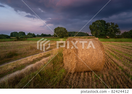 A hay bale by a dirt road and evening clouds 82424412