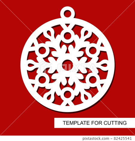 Christmas decoration - lace ball with snowflake. Template for laser cutting, wood carving, paper cut and printing. Silhouette of a round toy. New Year theme. Vector illustration. 82425541