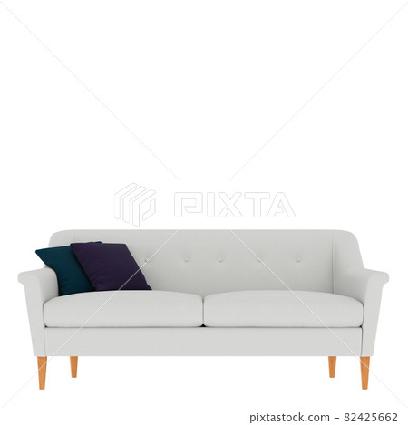 White sofa with two colored pillows front view on an isolated background. 3d rendering White sofa with two colored pillows front view on an isolated background. 3d rendering 82425662