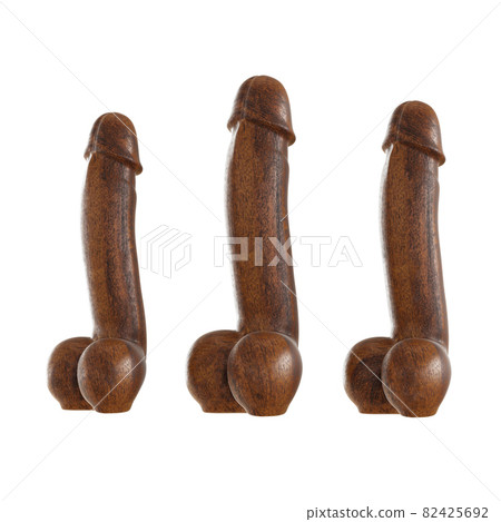 Three decorative figurines of a phallus made of wood. 3d rendering on isolated background Three decorative figurines of a phallus made of wood. 3d rendering on isolated background 82425692