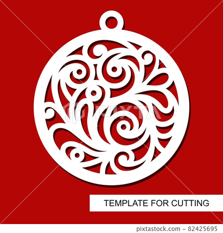 Christmas decoration - lace ball. Template for laser cutting, wood carving, paper cut and printing. Silhouette of a round toy. New Year theme. Vector illustration. 82425695
