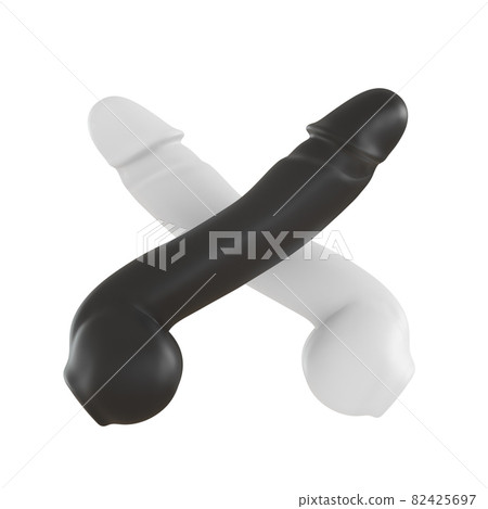 Black and white rubber phaloss cross to cross. 3d rendering on isolated background Black and white rubber phaloss cross to cross. 3d rendering on isolated background 82425697