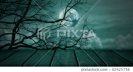 Halloween background. Spooky forest, Vintage wood tabletop with full moon sky. Halloween background. Spooky forest, Vintage wood tabletop with full moon sky. 82425756