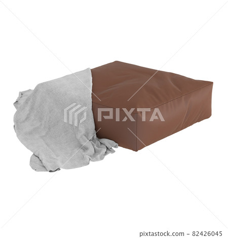 Square leather brown pouf with a plaid on white background. 3d rendering Square leather brown pouf with a plaid on white background. 3d rendering 82426045