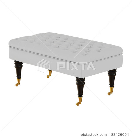 A quilted white leather pouf with legs on wheels on a white background. 3d rendering A quilted white leather pouf with legs on wheels on a white background. 3d rendering 82426094