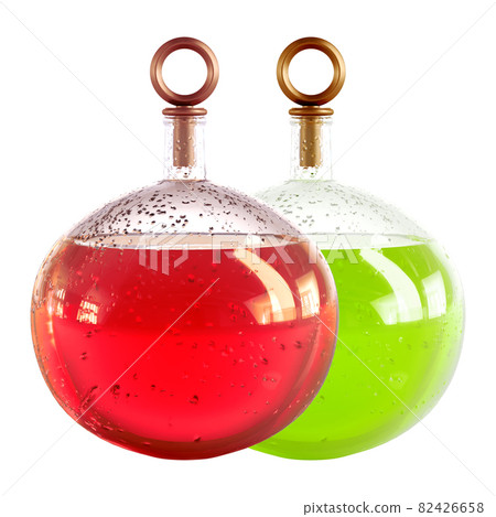 Two round glass carafes with red and green liquid and drops on the glass on a white background 3d rendering 82426658