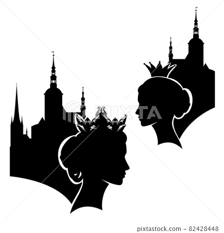 fairy tale queen or princess profile head and royal castle black vector silhouette set fairy tale queen or princess profile head and royal castle black vector silhouette set 82428448