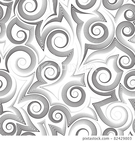 Stock seamless vector pattern of smooth and broken lines and spirals.Stock seamless vector pattern of geometric and abstract shapes drawn by a thin line pen. 82429803