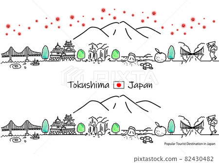 Tokushima Prefecture tourist destination cityscape and simple line drawing set of new coronavirus 82430482