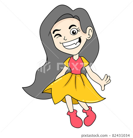 beautiful girl long hair wearing dress smiling happily, doodle icon image kawaii 82431034