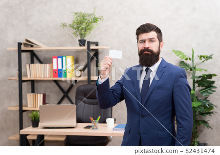 Bearded hipster top manager show card. Banking services Bearded hipster top manager show card. Banking services 82431474
