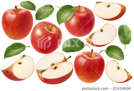 Big red apples set isolated on white background. Whole and pieces. 82434606